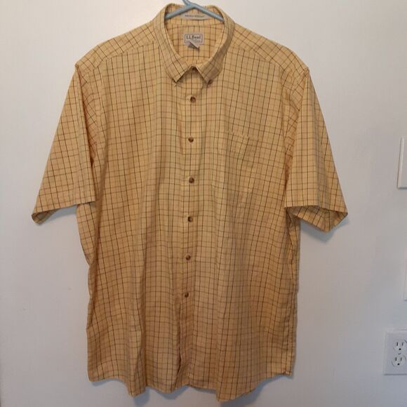 LL Bean Shirt Mens XL Yellow Check Short Sleeve Button Up Wrinkle Resistant - Picture 1 of 7